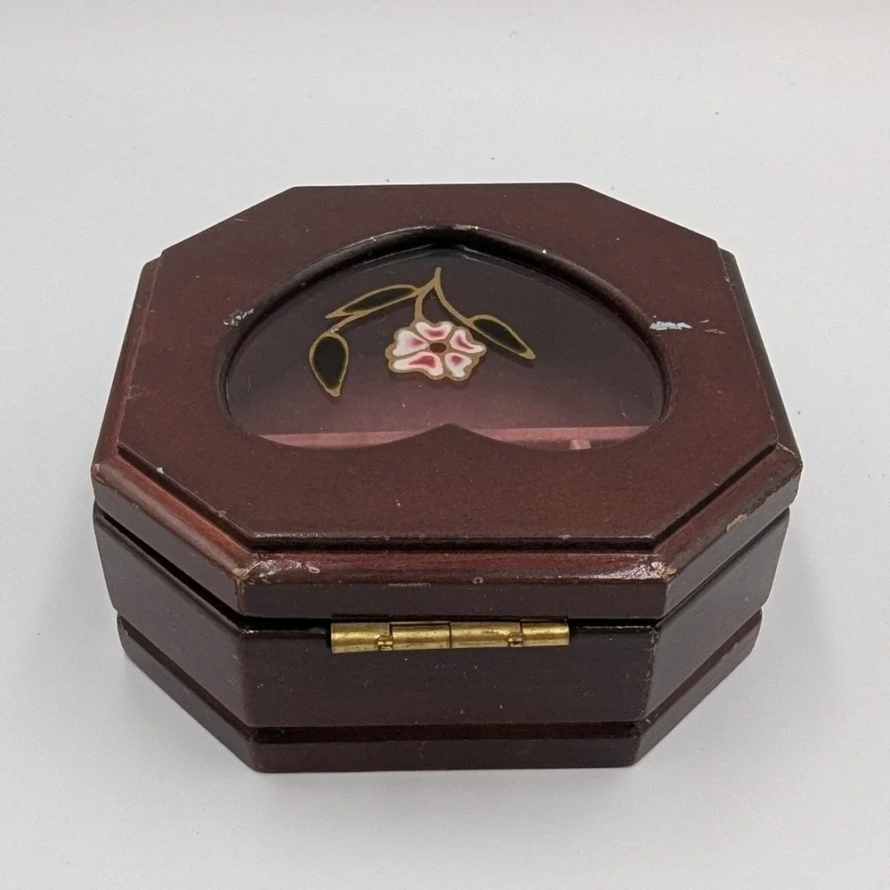 Unbranded Jewelry Box Brown Wood Heart Glass Floral Octagon Trinket Case Small